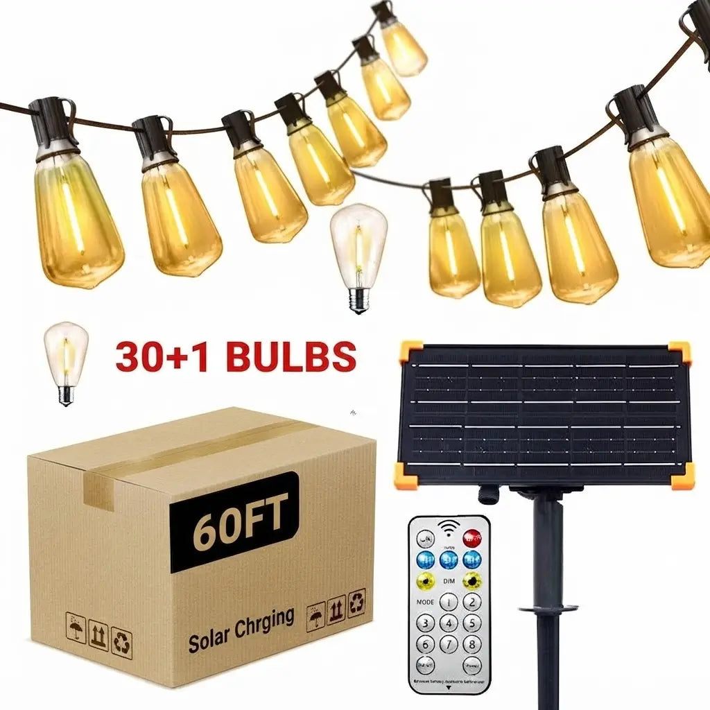 Ekoio ST38 Solar Powered Outdoor String Lights with Edison Bulbs, 120/150FT, Waterproof, Shatterproof, 5-8 Lumens, 20H Full Charge Runtime, 8 Adjustable Lighting Modes, Remote Control, Built-In Sensor, Patio & Holiday Decor
