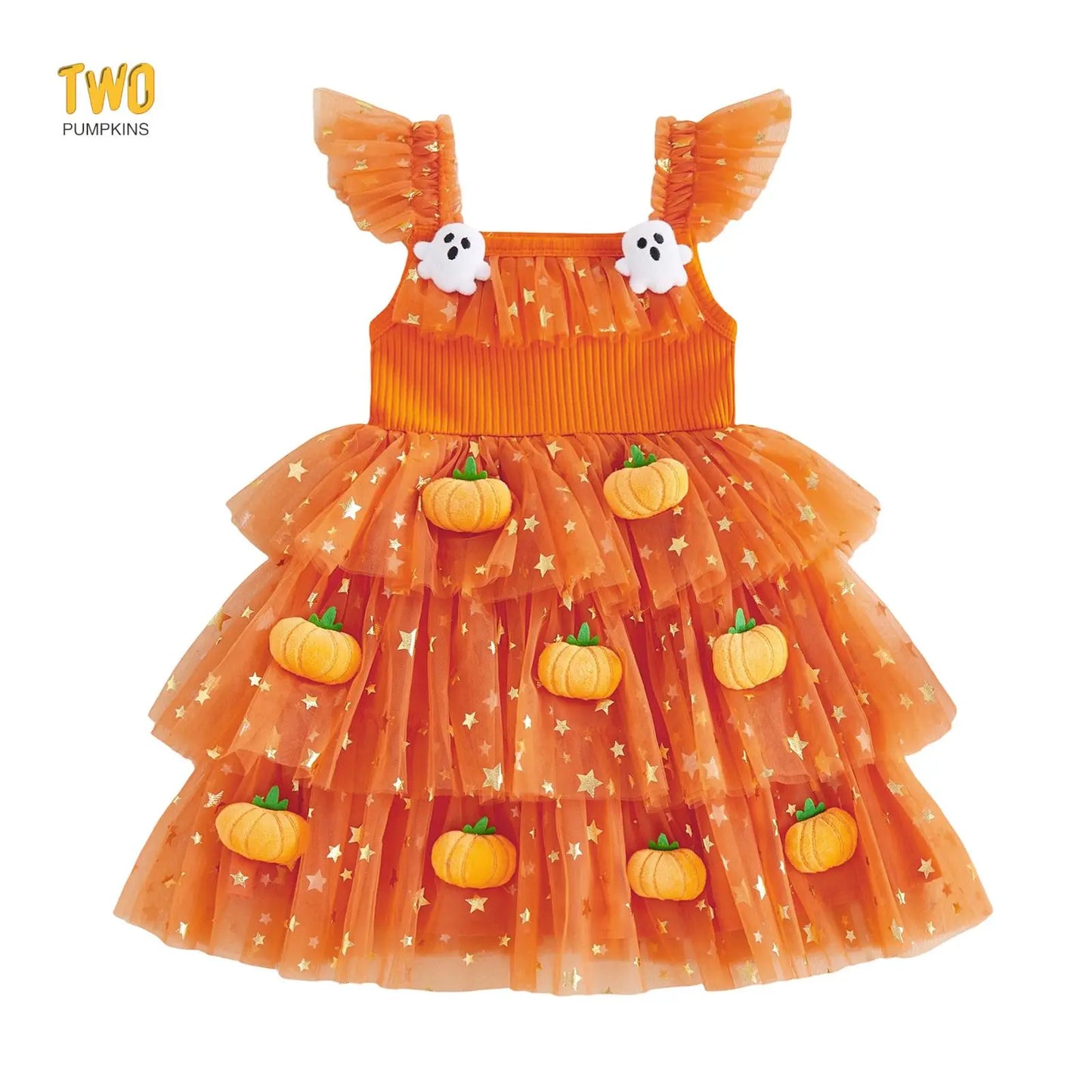 Little Girl Halloween Dress Flying Sleeve Square Neck 3D Stuffed Pumpkin/Ghost Decor a Line Tiered Tulle Dress