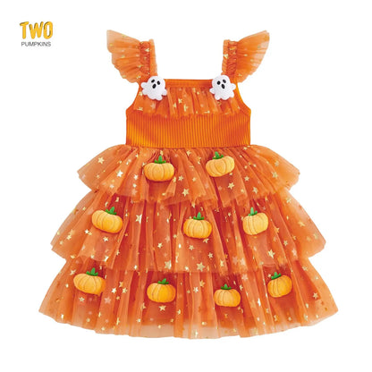 Little Girl Halloween Dress Flying Sleeve Square Neck 3D Stuffed Pumpkin/Ghost Decor a Line Tiered Tulle Dress