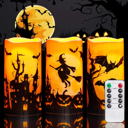 3PCS Halloween Candles, Orange Flameless Candles, Outdoor Waterproof Printed Decals Battery Operated LED Pillar Candles with Remote Timers for Fall Festival Spooky Decor, 3”X6”, Plastic,【Back to School】 【Summer Sale Deals】