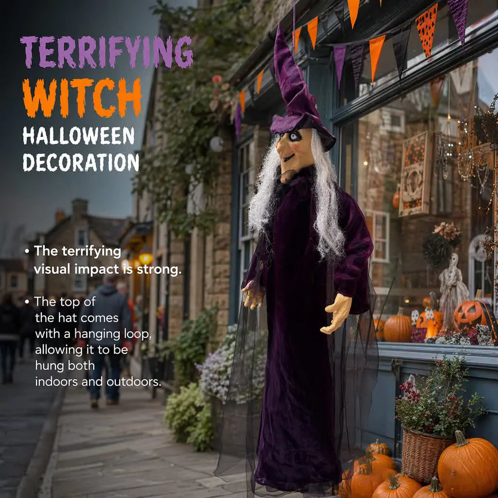 1.8M Lightweight Standing Scary Halloween Hanging Witch Cardboard Cutout - Velvet Hat, Face Mask Prop, Indoor-Outdoor Home Decor for Garden Haunted House Photo Backdrop