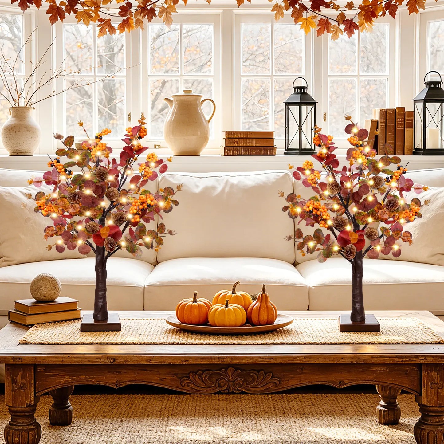 Illuminate Your Autumn: TURNMEON 2 Pack Prelit Fall Maple Trees with 48 LED Lights and Eucalyptus Decor for Thanksgiving Table