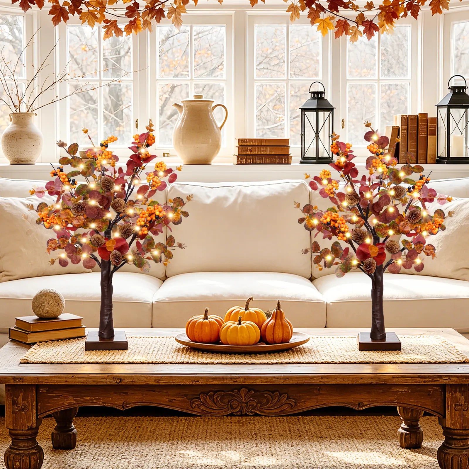 Illuminate Your Autumn: TURNMEON 2 Pack Prelit Fall Maple Trees with 48 LED Lights and Eucalyptus Decor for Thanksgiving Table