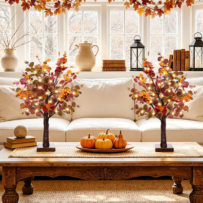 Illuminate Your Autumn: TURNMEON 2 Pack Prelit Fall Maple Trees with 48 LED Lights and Eucalyptus Decor for Thanksgiving Table