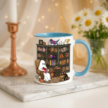 Enchanting Halloween 2026 Book Lover Mug - Cozy Ghost Reading Coffee Cup for Spooky Library Vibes