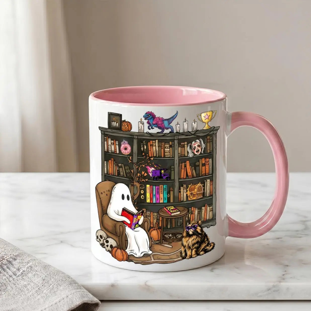 Enchanting Halloween 2026 Book Lover Mug - Cozy Ghost Reading Coffee Cup for Spooky Library Vibes