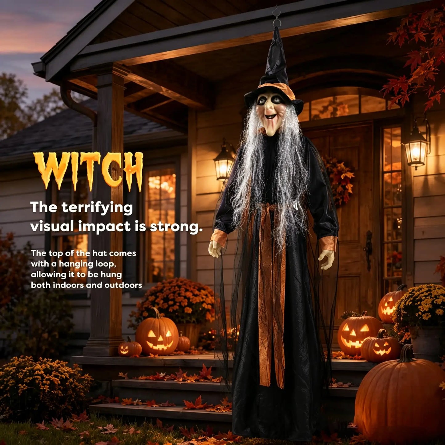 1.8M Lightweight Standing Scary Halloween Hanging Witch Cardboard Cutout - Velvet Hat, Face Mask Prop, Indoor-Outdoor Home Decor for Garden Haunted House Photo Backdrop