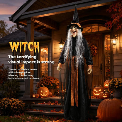 1.8M Lightweight Standing Scary Halloween Hanging Witch Cardboard Cutout - Velvet Hat, Face Mask Prop, Indoor-Outdoor Home Decor for Garden Haunted House Photo Backdrop