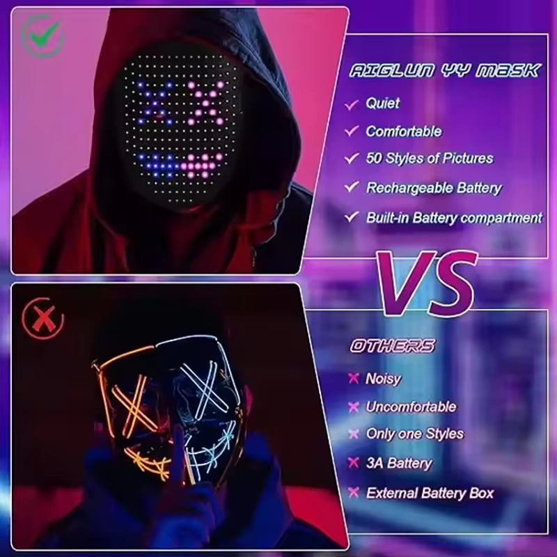 LED Mask with Gesture Sensing Light up Face Transforming Led Halloween Mask for Kids Men Women Costume Cosplay Party