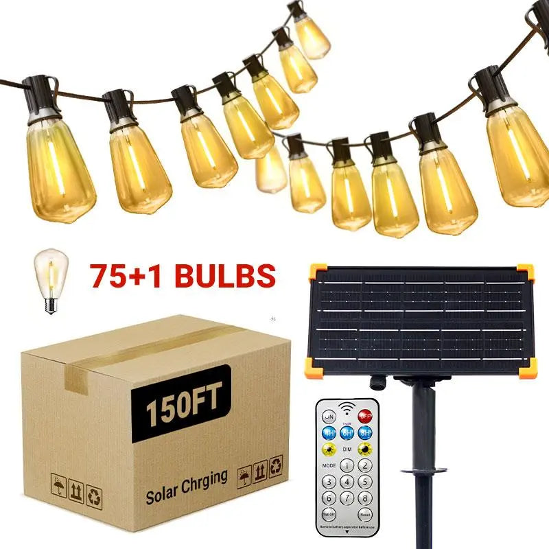 Ekoio ST38 Solar Powered Outdoor String Lights with Edison Bulbs, 120/150FT, Waterproof, Shatterproof, 5-8 Lumens, 20H Full Charge Runtime, 8 Adjustable Lighting Modes, Remote Control, Built-In Sensor, Patio & Holiday Decor
