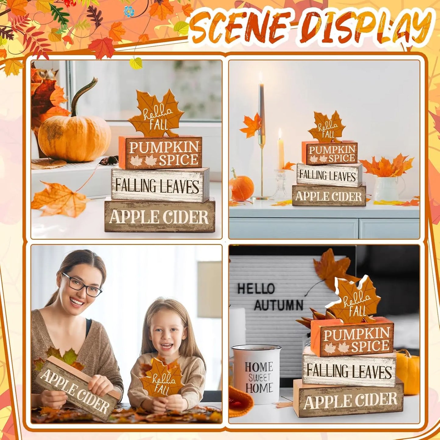 4 Pcs Fall Wooden Tabletop Decor Hello Fall Maple Leaf Decor Autumn Tiered Tray Decor Rustic Wood Block Sign Gift Thanksgiving Centerpiece Farmhouse Fall Table Decor