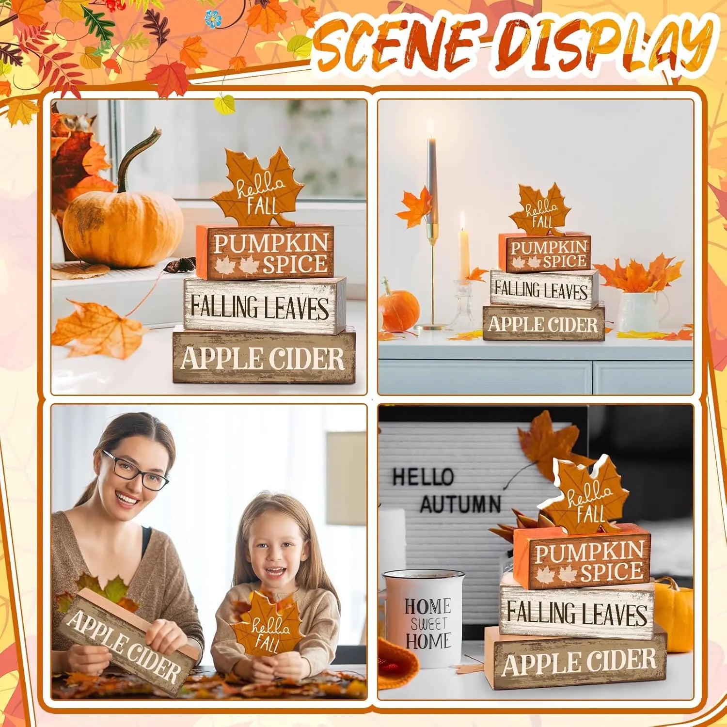 4 Pcs Fall Wooden Tabletop Decor Hello Fall Maple Leaf Decor Autumn Tiered Tray Decor Rustic Wood Block Sign Gift Thanksgiving Centerpiece Farmhouse Fall Table Decor