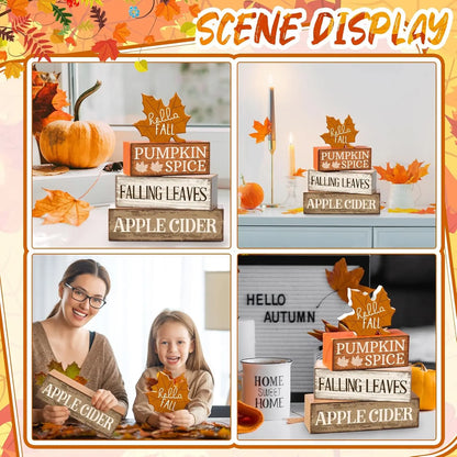 4 Pcs Fall Wooden Tabletop Decor Hello Fall Maple Leaf Decor Autumn Tiered Tray Decor Rustic Wood Block Sign Gift Thanksgiving Centerpiece Farmhouse Fall Table Decor