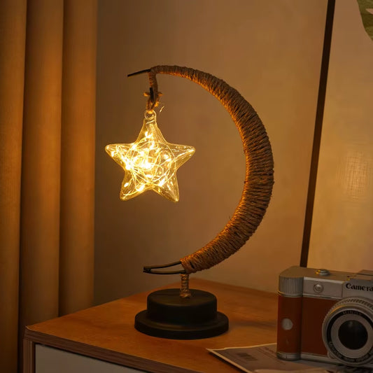 1Pc LED Moon Lamp,Iron Art Decorative Table Lamp for Bar,Bedroom,Living Room,Battery Powered Black Portable Night Light