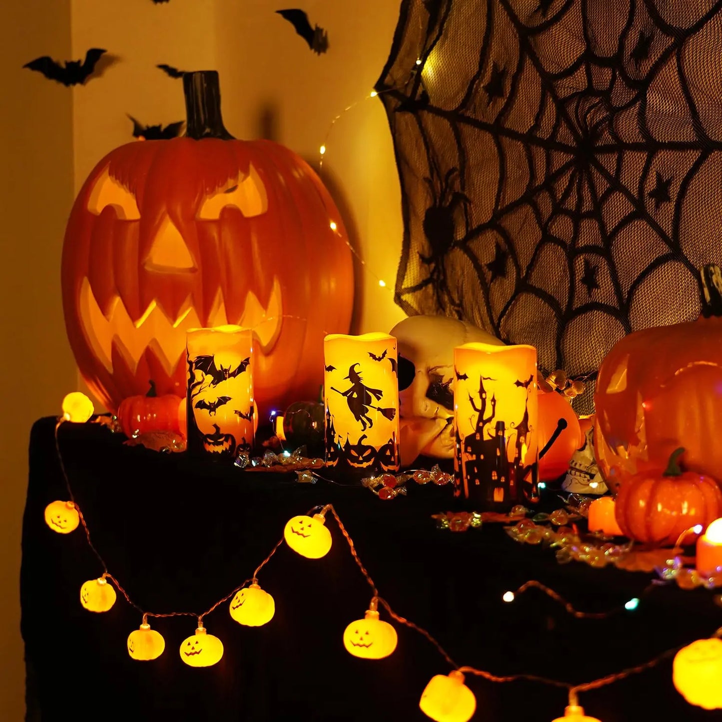 3PCS Halloween Candles, Orange Flameless Candles, Outdoor Waterproof Printed Decals Battery Operated LED Pillar Candles with Remote Timers for Fall Festival Spooky Decor, 3”X6”, Plastic,【Back to School】 【Summer Sale Deals】