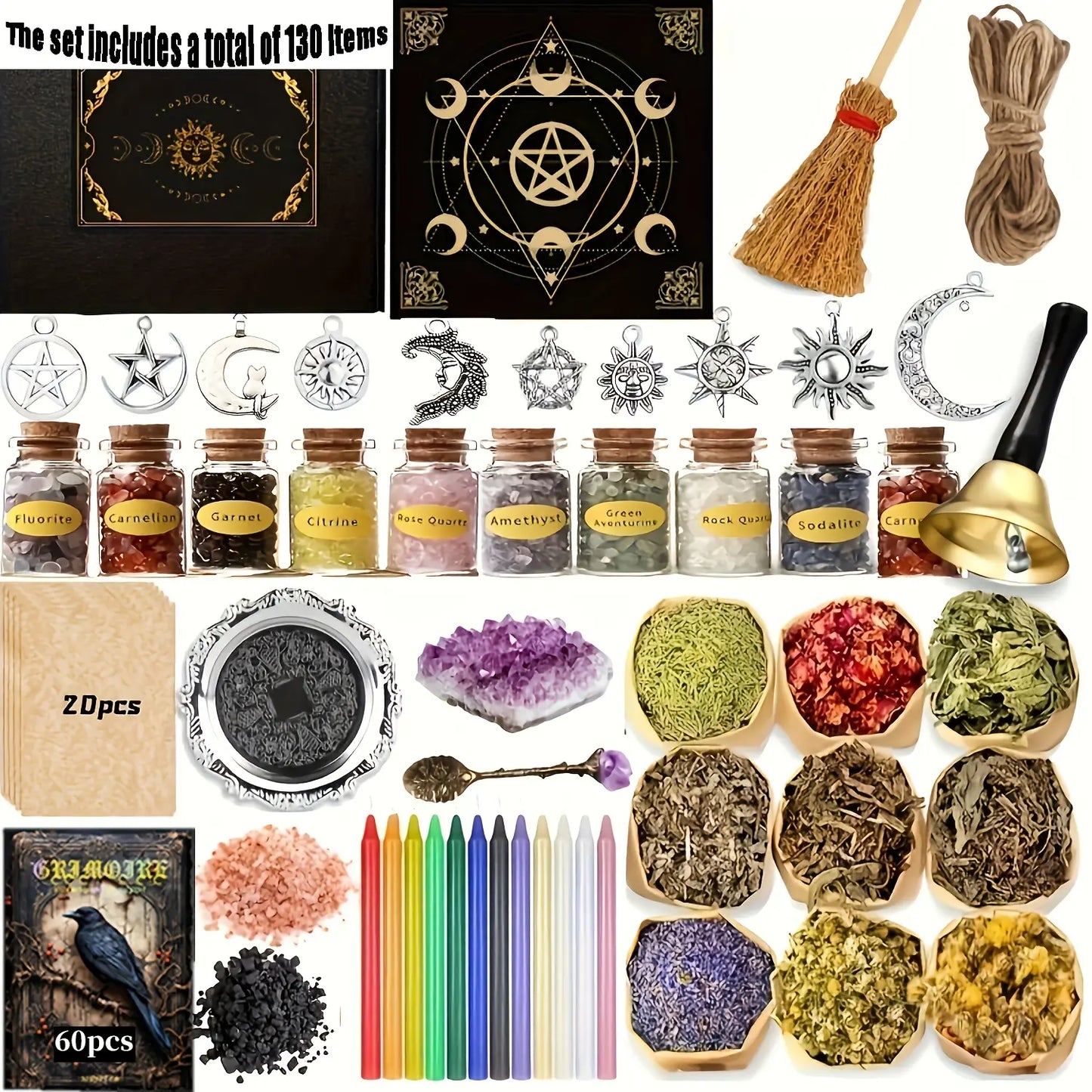 94/130Pcs Complete Witchcraft Supplies Kit, Large Wiccan Spell Box with Crystals, Candles, Herbs & Ritual Tools, Beginner Witch Starter Set for Pagan Rituals, Halloween Decor & Spiritual Practice Gift Aroma Fragrance Scented