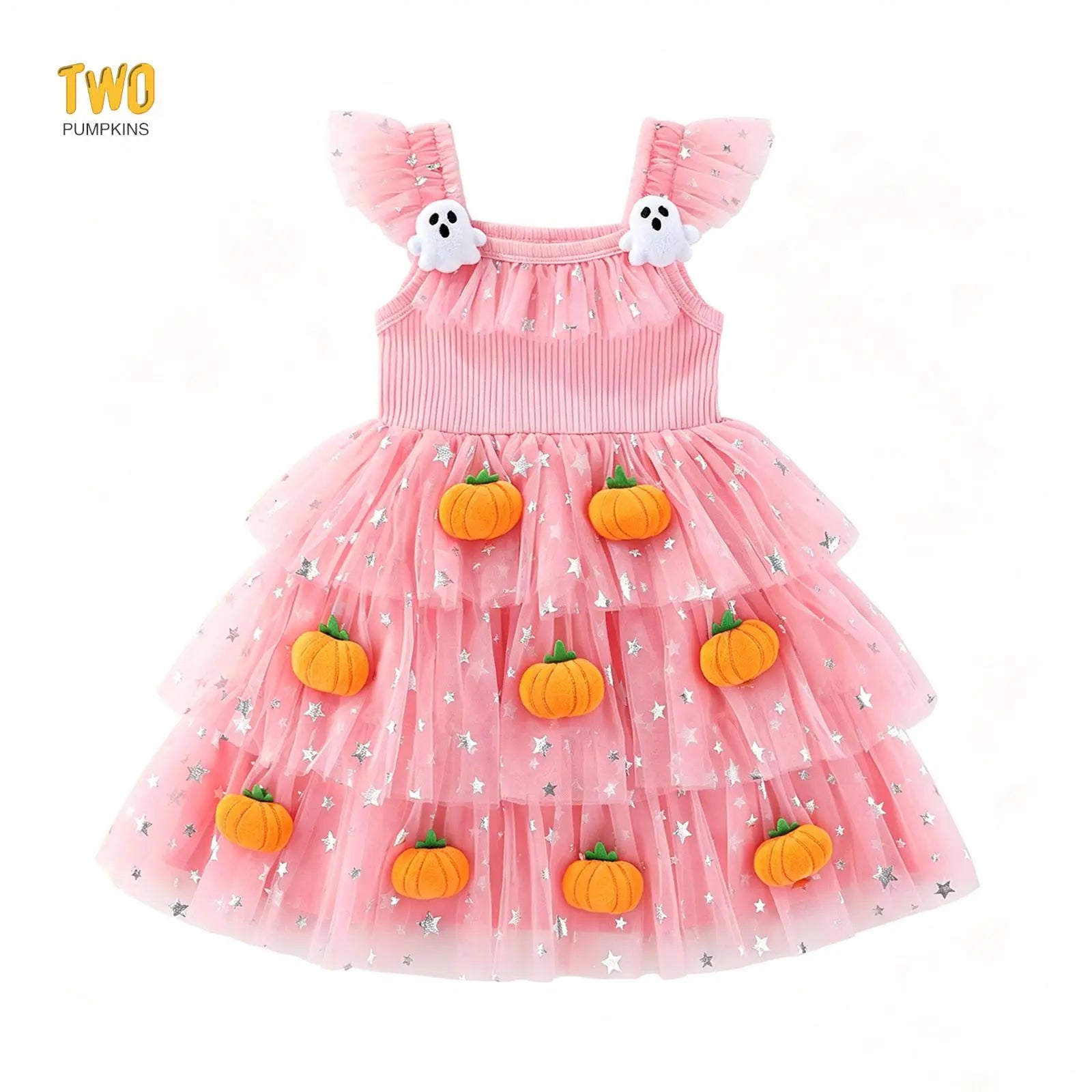 Little Girl Halloween Dress Flying Sleeve Square Neck 3D Stuffed Pumpkin/Ghost Decor a Line Tiered Tulle Dress