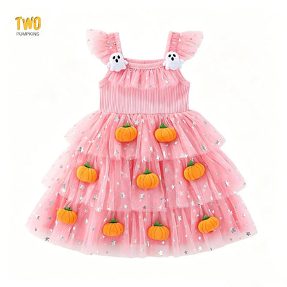Little Girl Halloween Dress Flying Sleeve Square Neck 3D Stuffed Pumpkin/Ghost Decor a Line Tiered Tulle Dress