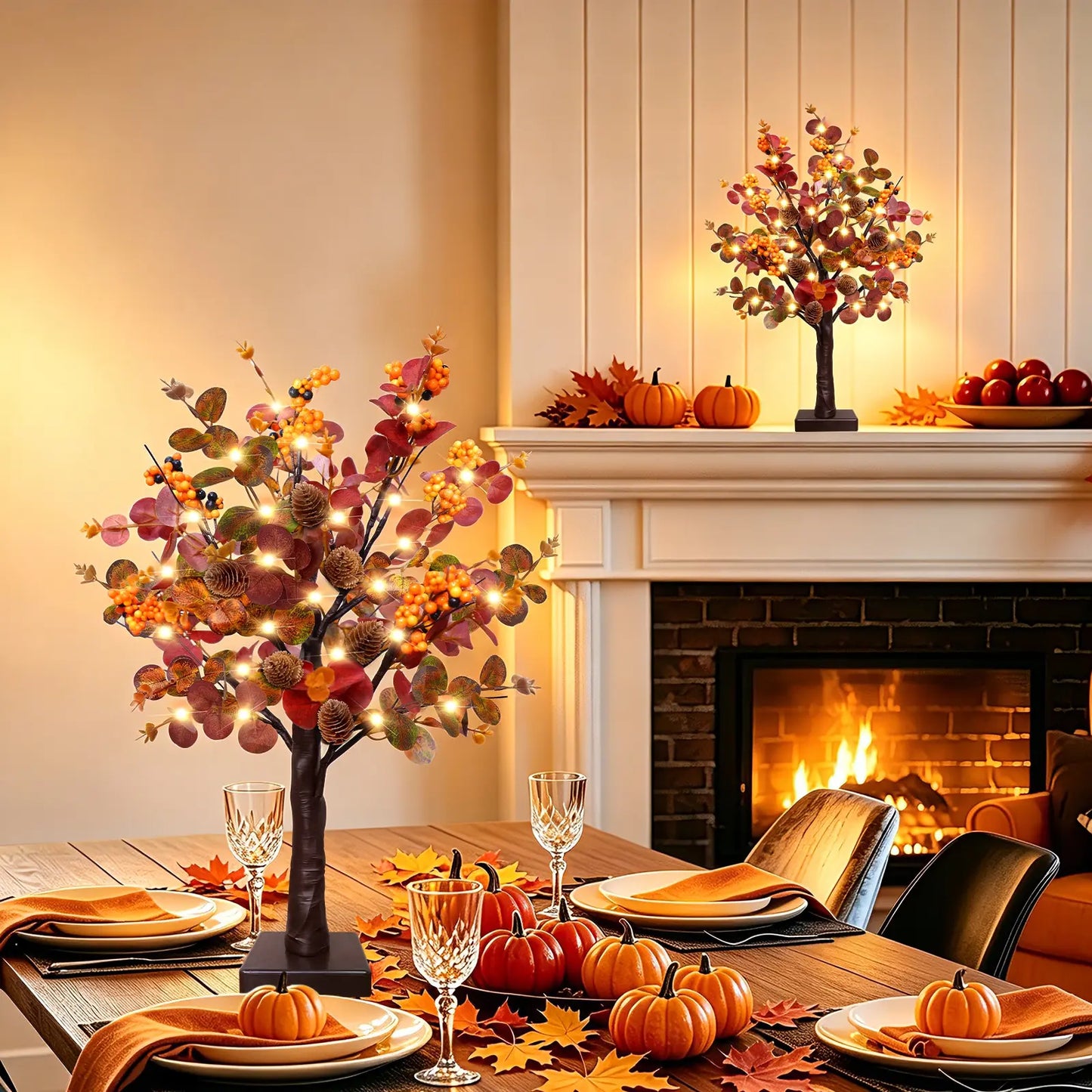 Illuminate Your Autumn: TURNMEON 2 Pack Prelit Fall Maple Trees with 48 LED Lights and Eucalyptus Decor for Thanksgiving Table