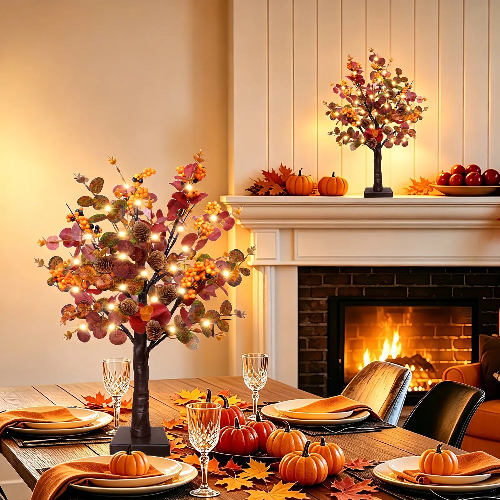 Illuminate Your Autumn: TURNMEON 2 Pack Prelit Fall Maple Trees with 48 LED Lights and Eucalyptus Decor for Thanksgiving Table