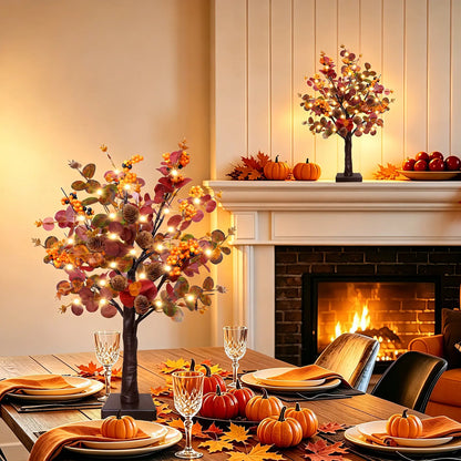 Illuminate Your Autumn: TURNMEON 2 Pack Prelit Fall Maple Trees with 48 LED Lights and Eucalyptus Decor for Thanksgiving Table